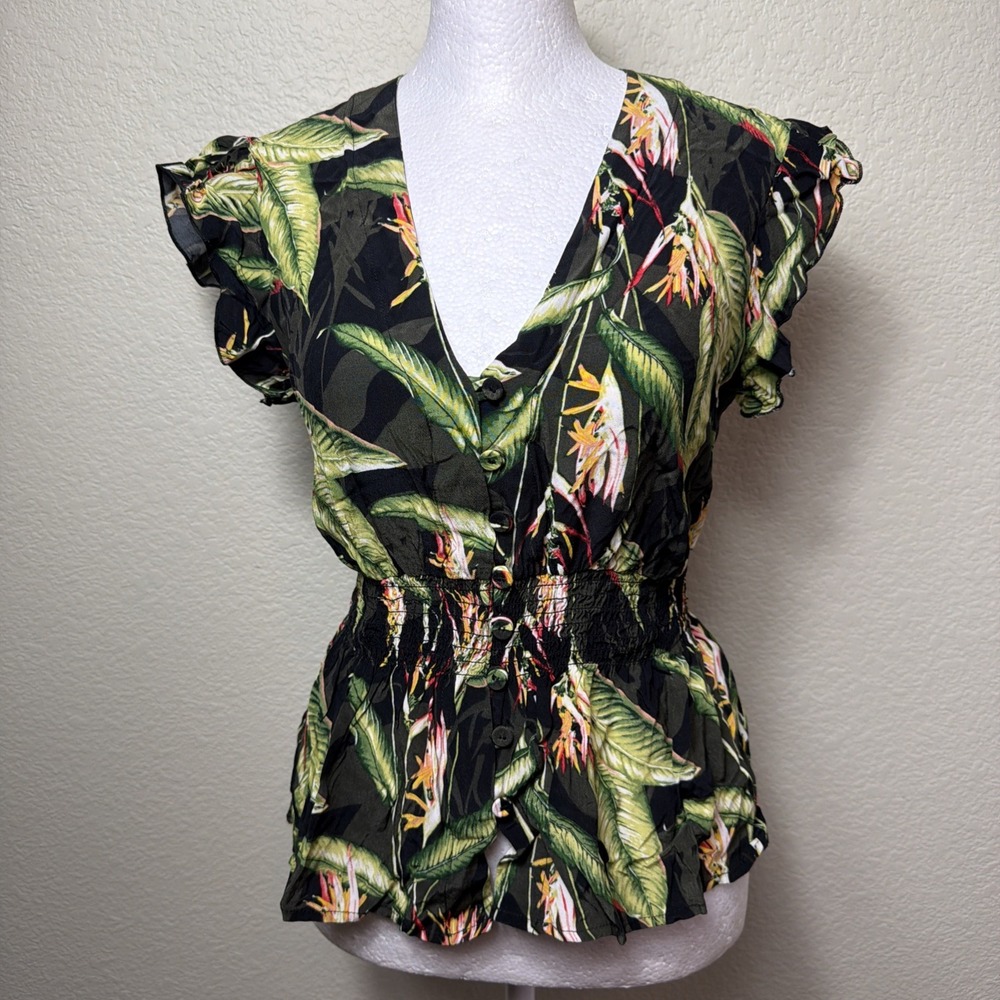 BCBGMAXAZRIA Blouse XXS Tropical Bird of Paradise Smocked Waist V-Neck Top Palm